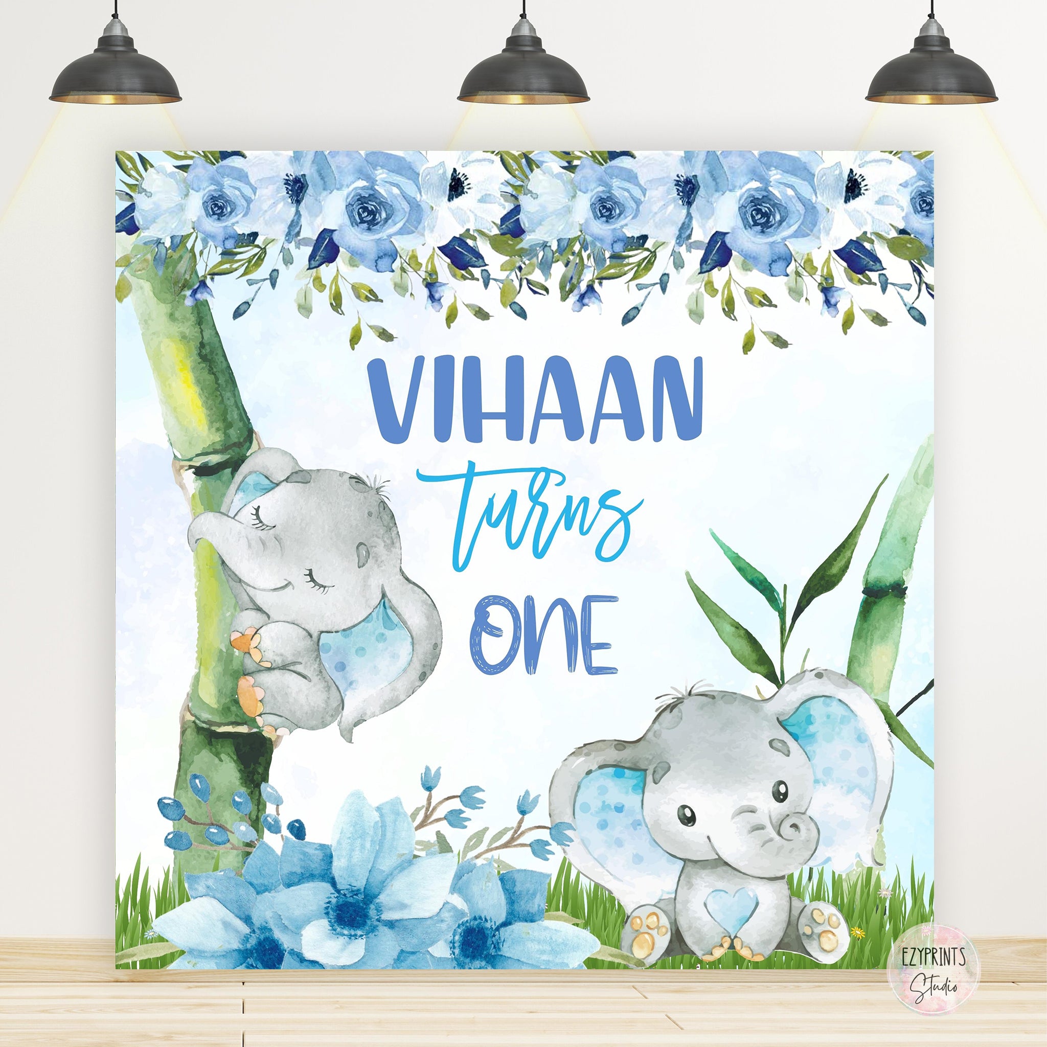 Blue Elephant Theme Birthday Backdrop