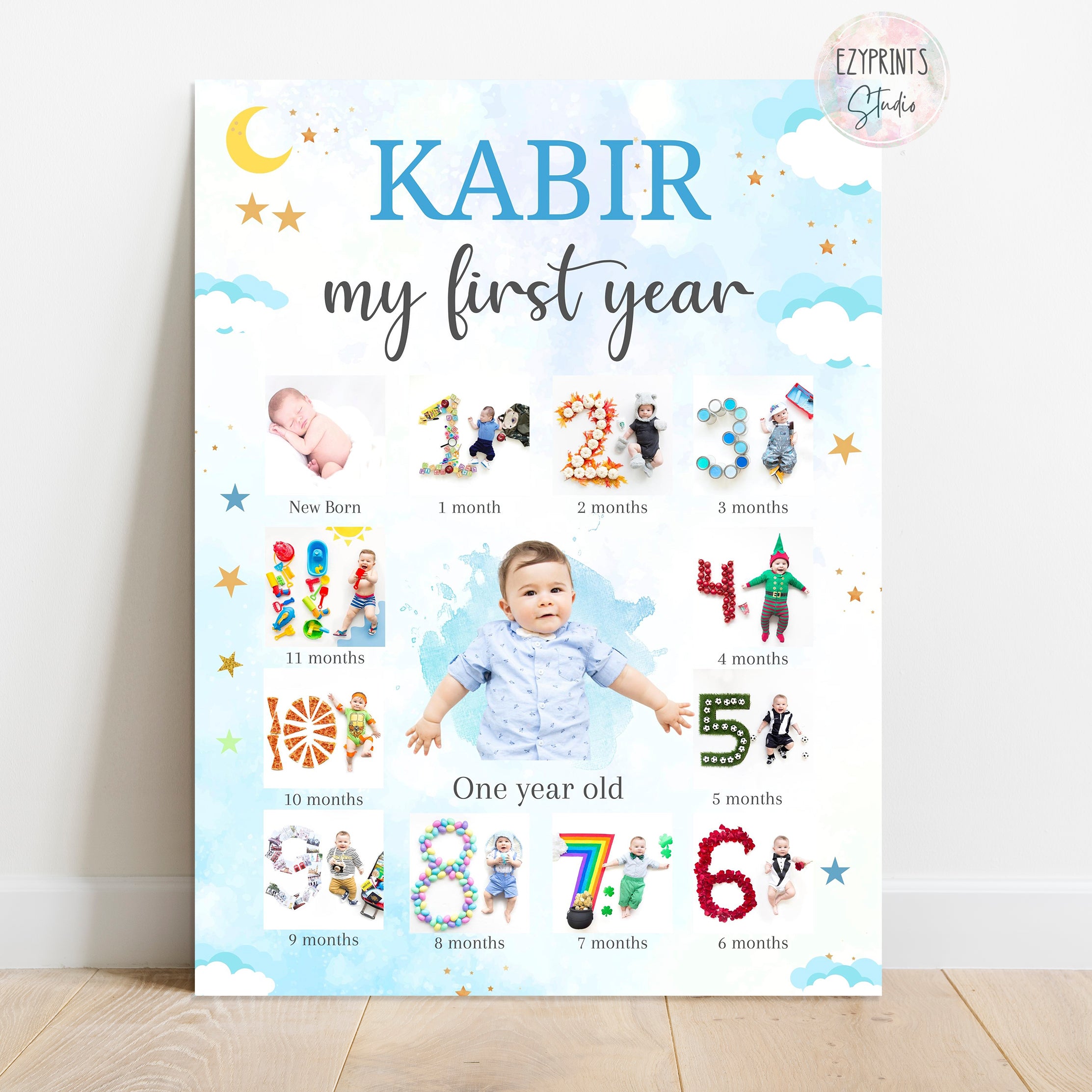 Personalised First Year Photo Collage Board | Clouds and Stars