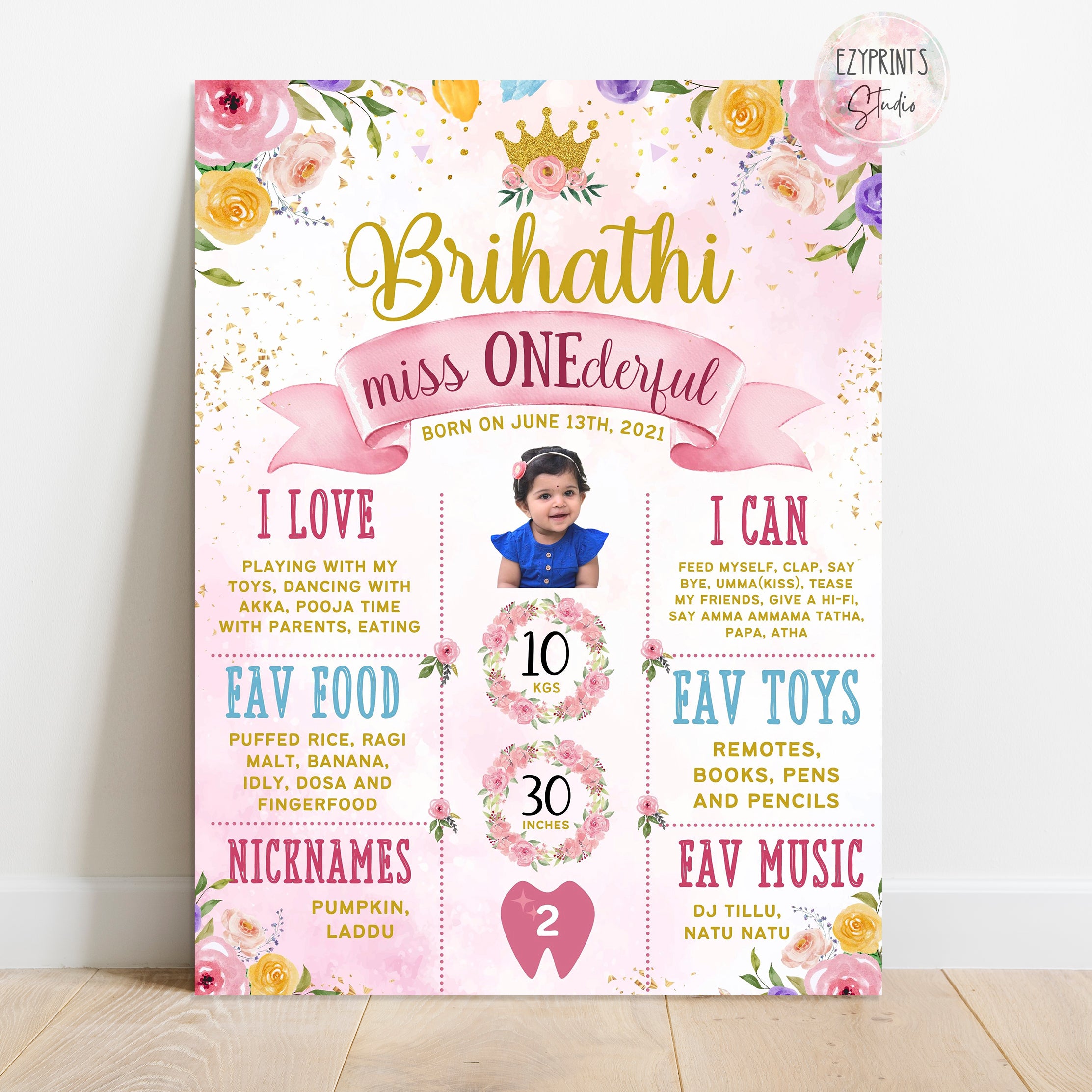 colourful flowers crown girls birthday chalkboard