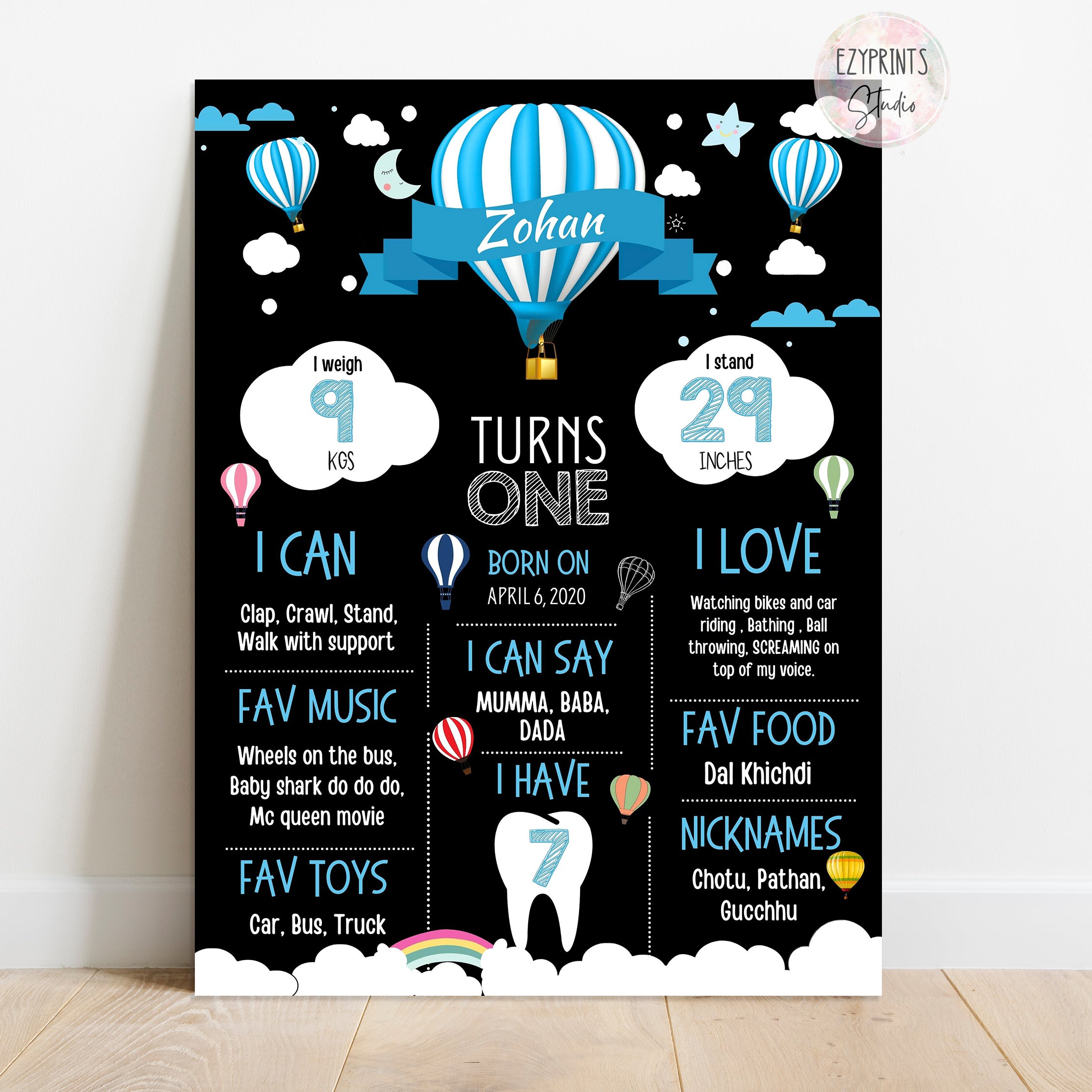blue hot air balloon birthday chalkboard