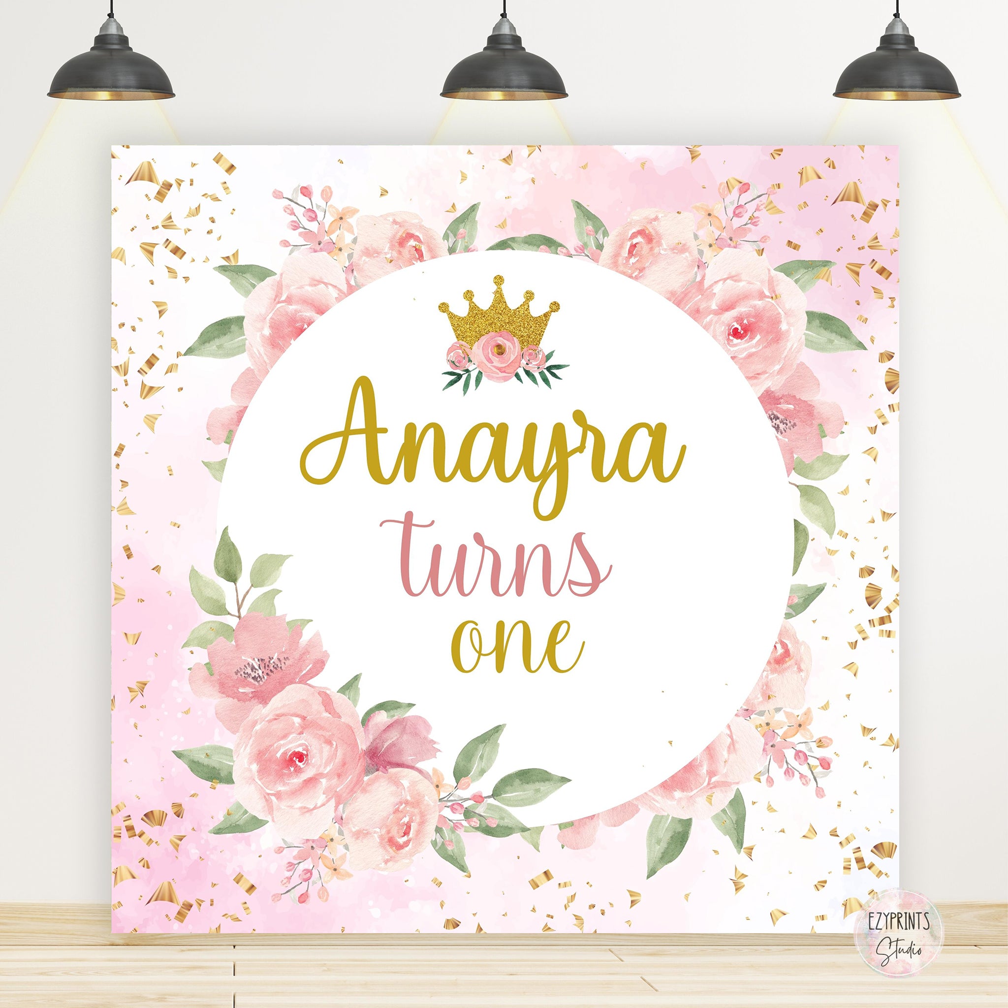 Pink Flowers with Crown Birthday Backdrop