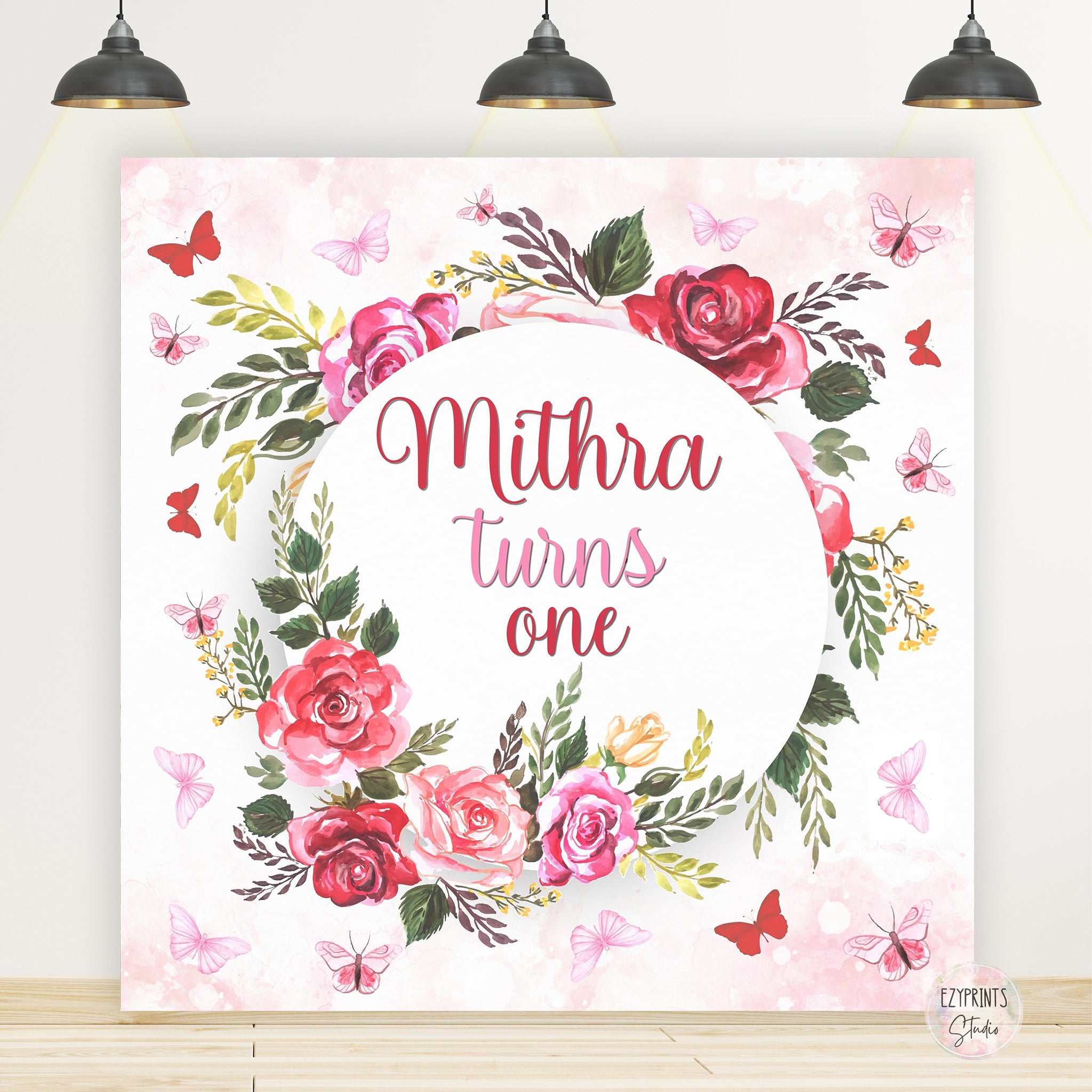 Red Pink Butterfly Flowers Birthday Backdrop