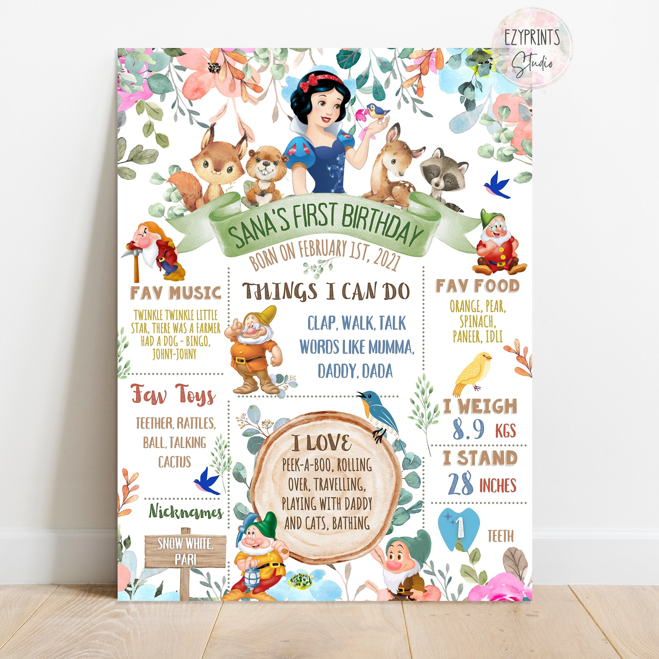 snow white and the dwarfs birthday chalkboard