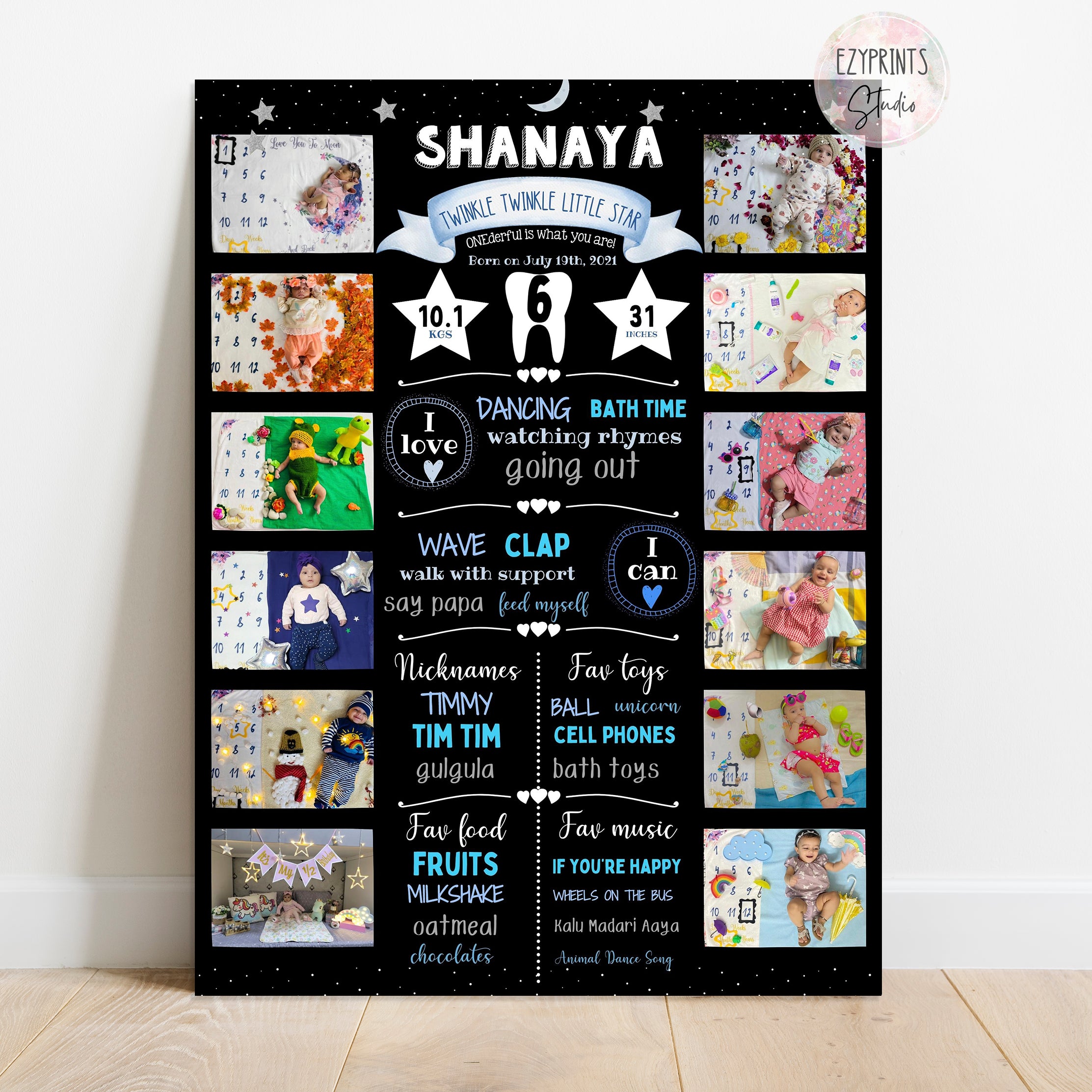 Birthday Chalkboard with Photos | Moon & Stars theme