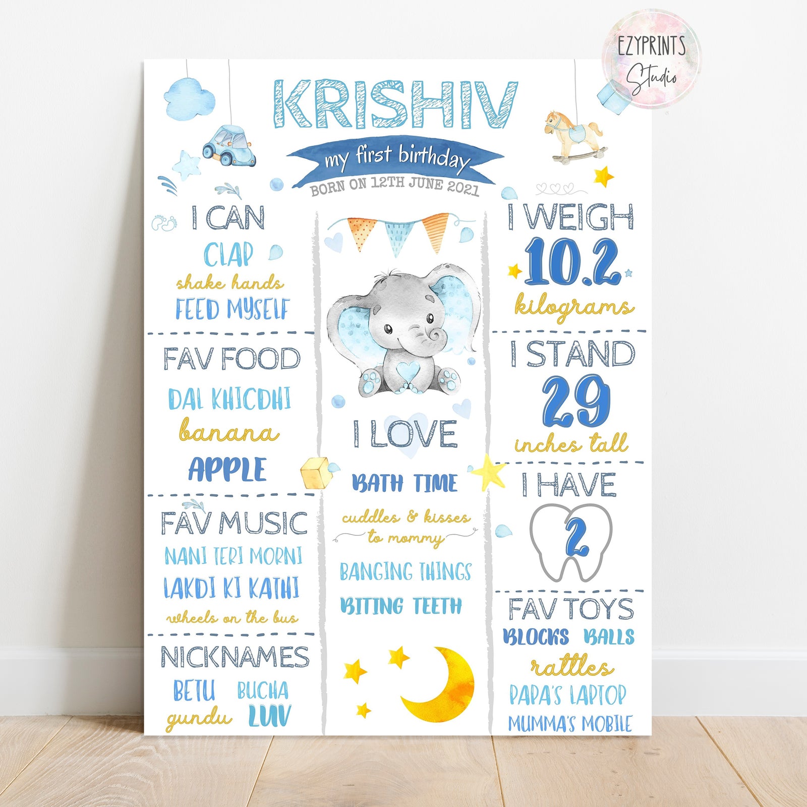 Grey Yellow Stripes Elephant Round Birthday Backdrop Kit