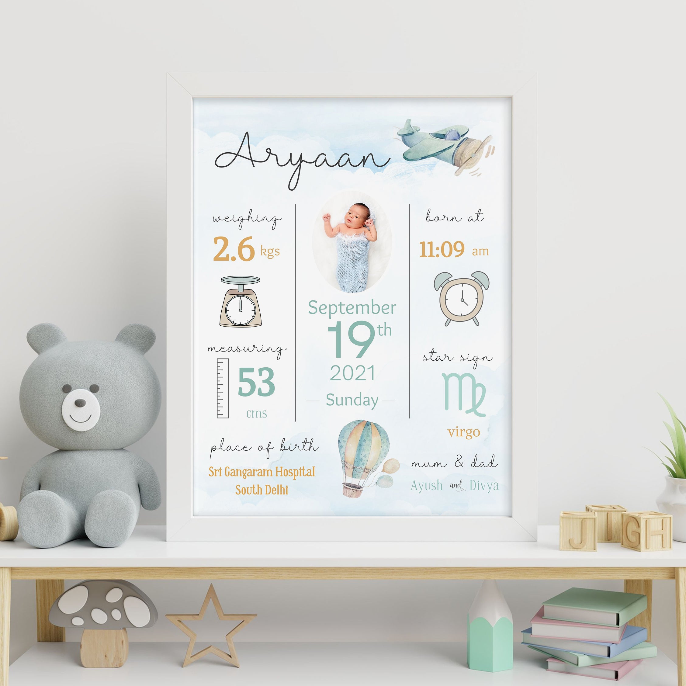 Personalised Baby Birth Details Frame | Aeroplane – Ezyprints Studio